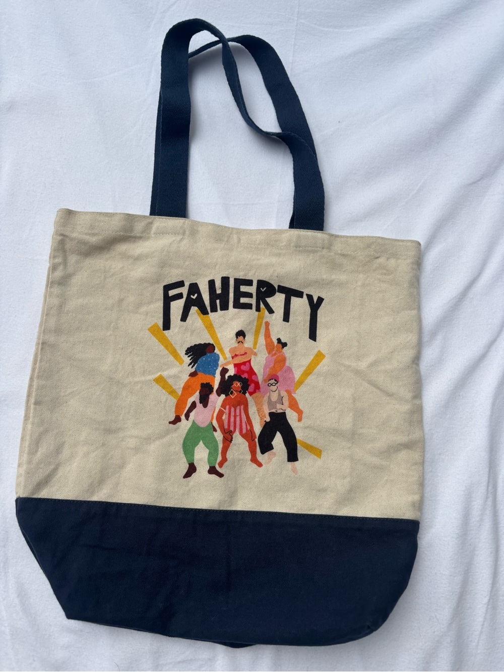 Faherty Beige Canvas Tote with Navy Base and Multicolor Graphic